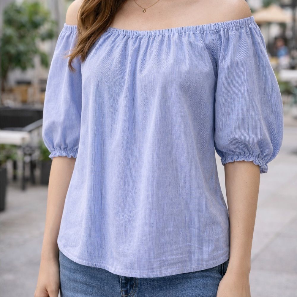 Maeve Anthropologie Blouse XS Blue Stripe Peasant Off Shoulder Puff Sleeve Top